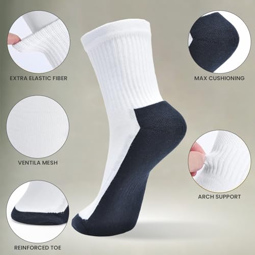 Kass & Smith 4 pairs High Cotton Crew socks for men and women | Running Casual Soft Moisture Wicking Breathable Cushioned White/Blue- Pack of 44