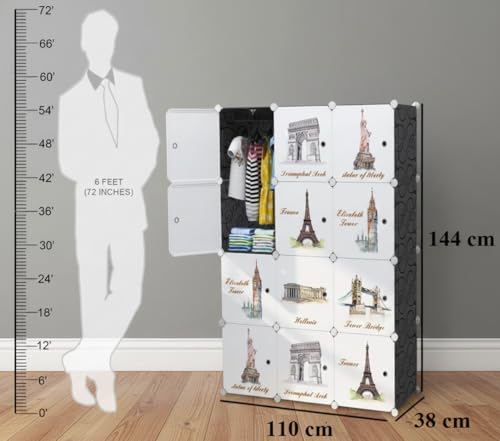 Image of KRISHYAM Kids Modular Storage Cabinet with Travel Landmark Design Doors, 12 Cube Plastic Wardrobe Organizer, DIY Closet System with Hanging Rod, Toy & Clothes Storage (Tower Print, 12 Box)