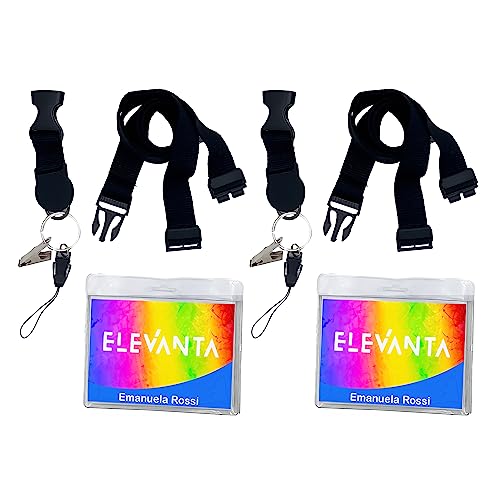 ELEVANTA ID-kaarthouder, waterdicht, transparant, ID-kaarthouder, omhangkoord met draaibare haak, voor verpleegsters, evenementen, werk, zwart, 2 stuks