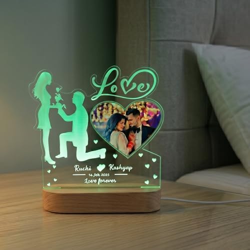 Image of Personalized Couple LED Acrylic Lamp - Custom Photo Frame Night Light, Romantic Proposal Design Gift for Anniversary, Wedding, Valentine's Day