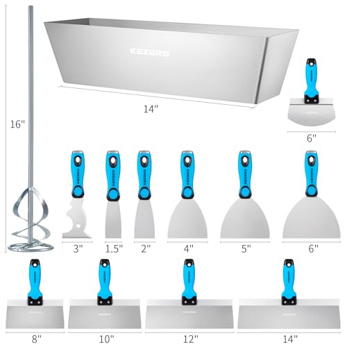KEZERS 14 Stück Spachtel Set,Flächenspachtel Trockenbau Werkzeug, Edelstahl Malerspachtel, Putty Messer Spachtel, Schaber Palettenmesser Kratzer set mit Handtasche