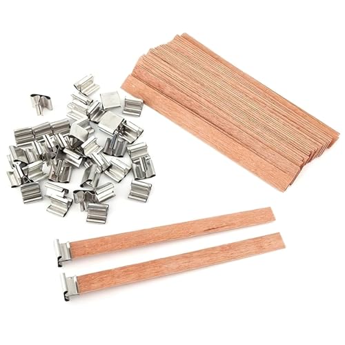 50 Wooden Wicks for Candle Making, Cross Shape Wicks with Square Metal Clips, DIY Candle Supplies with Sustain Tabs for Soy & Container Candles