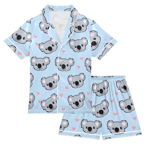 Kola with Red Hearts Summer Satin Pajama Set, Cute Button-Down Sleepwear Pj Set for Sleep Wears