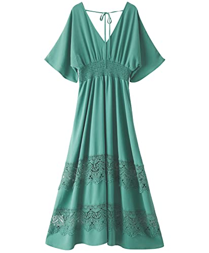 Image of Olaesa Boho Maxi Dress V Neck Short Sleeve Lace Smocked Waist Flowy Dress | Wedding Guest Dress with Pockets, Summer Bohemian Vacation Dress, Elegant Party Dress for Family photo& Baby Shower