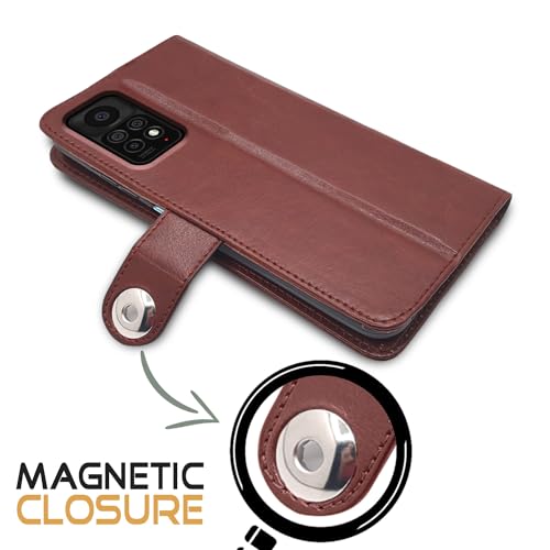 Image of Pikkme Redmi Note 11 Pro /Note 11 Pro Plus 5G Flip Cover Leather Finish | Inside TPU with Card Pockets | Wallet Stand and Shock Proof | Complete Protection Button Flip Case (Brown)