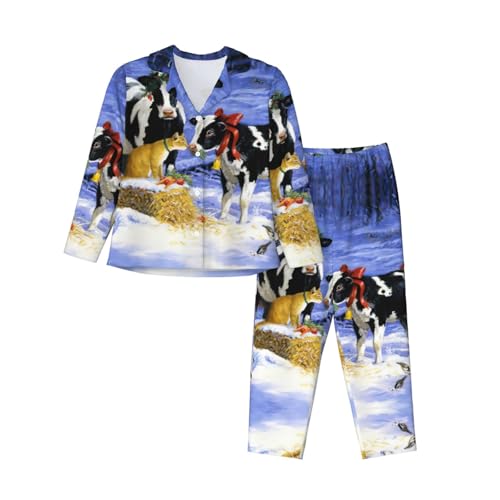 Pyjama de Noël imprimé vache lait femmes ensemble manches longues contre le froid