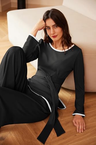 GRACE KARIN 2 Piece Outfits for Women Casual Dressy Lounge Sets Long Sleeve Tie Front Top and Elastic Waisted Pants Tracksuits Black XL
