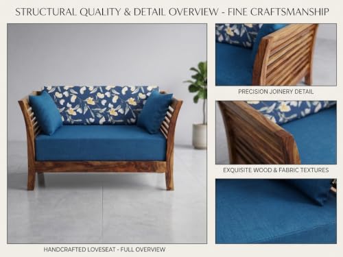 Image of Solid Sheesham Wood 2 Seater Sofa Set for Living Room | Wooden Couch with Cushions | Handcrafted Sheesham Wood Sofa | Home & Office Furniture | 2 Seater Sofa Set |