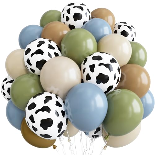 Image of Cow Print Balloons, 12 Inch Farm Animal Retro Dusty Blue Green Beige Black Sand White Nude Cow Latex Balloons for kid Cowboy My First Cowgirl Rodeo Baby Shower Farm Western Birthday Party Decorations