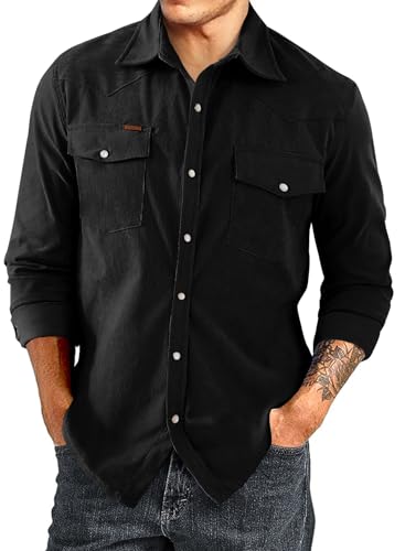 JMIERR Pearl Snap Western Shirts for Men Casual Long Sleeve Button Down Shirts Lightweight Jacket Cowboy Shirt Fall Outfits, US 53(3XL), A Black