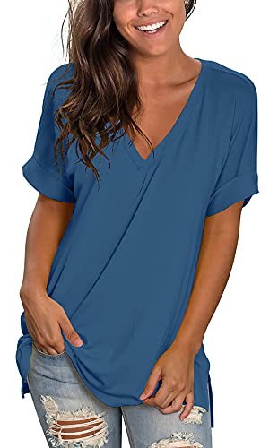 Image of Sampeel Women's V Neck T Shirts Casual Rolled Short Sleeve Side Split Summer Tops Loose Fit
