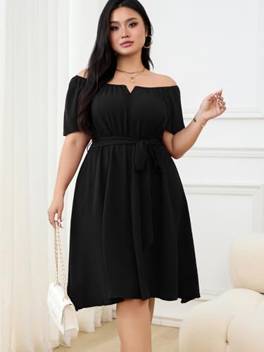 Image of RWJ Plus Size Women Dress V Neck Short Sleeve Mini Formal Wedding Cocktail Party Dresses with Belt
