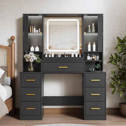 Image of BORNOON Vanity Desk with Mirror and Lights, Makeup Vanity with 7 Drawers, 2 Glass Door Cabinets, Charging Station, Adjustable Shelves, RGB Lighting, Holder