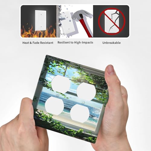 Decorative Outlet Covers Window Beach Seascape View Green Leaves 2 Gang Wall Plate Cover Double Duplex Receptacle Two Switch Light Switch Cover Plate Jumbo Dual Faceplate