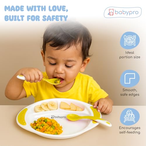 Image of BabyPro Feeding Plate Set with Spoon & Fork for Toddlers, Yellow 1+ Years | BPA-Free, Non-Toxic, Easy-Grip Handles, Pefrect Size Baby Meal Set for Kids