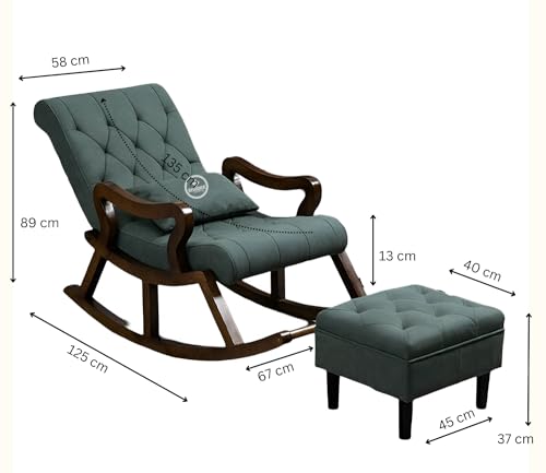 Image of Solid Sheesham Wood Rocking Chair for Living Room with Footrest and Pillow | Ergonomic Resting Chair with Ottoman for Relaxing and Pregnant Women (Green)