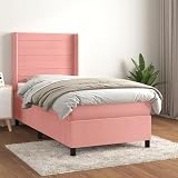Homgoday Cama Box Spring con colchón Terciopelo Rosa 90x190 cm Cama Box Spring con Colchón Viscoelástico Espuma Protector Muelles Ensacados Camas y somieres Rosa Rayas horizontales