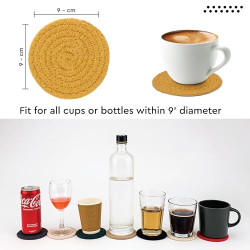 Image of Encasa XO Drink Coasters Set of 6 | Yellow with Round (9 cm) | Handcrafted Ribbed Cotton | Absorbent & Heat-Resistant | Use for Tea, Coffee Table & Desk