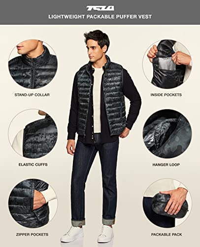 Tsla Men's Lightweight Packable Accent Puffer Vest, Water-Resistant Winter Outdoor Vests, Ascent Puff Zip Front Vest Camo Black, Large #TOP2