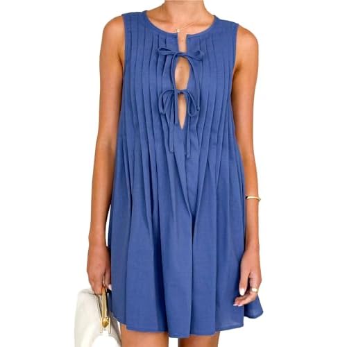 Womens Summer Sleeveless Pleated Dress Tie Front Loose Casual Short Sun Dresses Navy Small