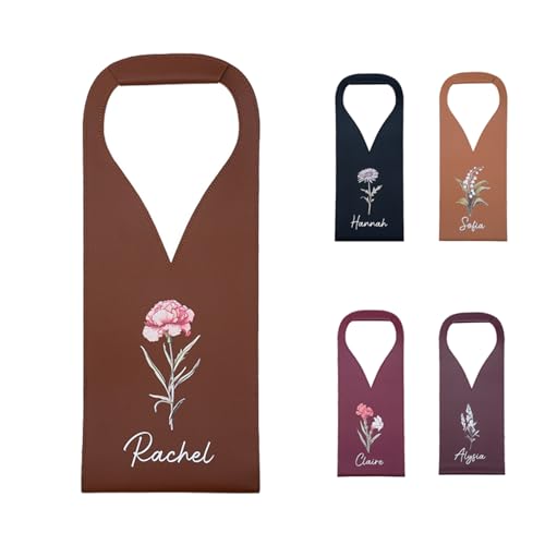 callie Personalized Birth Flower Wine Tote Bags, Custom Leather 1 Bottle Wine Carrier Gifts Bag for Travel, Picnic, Birthday, Wedding, Wine Gifts for Women