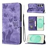 LSPCASA Carcasa para Samsung Galaxy S25 Plus/S24 Plus 5G Material De Piel Sintética Funda S25 Plus/S24 Plus con Ranuras para Tarjetas Patrón De Mariposa De Gato Movil S25 Plus/S24 Plus, Púrpura