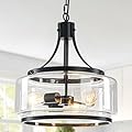 Kunlinzhu 15.7 Inch Glass Drum Dining Room Light Fixture Over Table, Modern Black Chandeliers for Dining Room, Drum Pendant Light for Kitchen,Entryway,Living Room