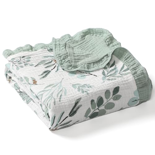 Image of Organic Baby Blanket Flounce Edge Large 50 inchx43 inch Leaf Sagegreen, 100% Cotton Muslin Soft Breathable Toddler Quilt Crib Blankets Gender Neutral for Baby Boys Girls Bassinet, Bed, Stroller & Snuggling