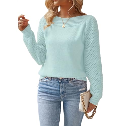 Womens Fall Long Sleeve Solid Color Sweaters Casual Outfits Puff Sleeve Knitted Pullover Jumper Tops