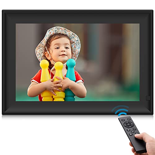 Digitaler Bilderrahmen 10.1 Zoll Elektronischer Bilderrahmen Full IPS Bildschirm Auto-Rotat Design, Foto/Musik/Video-Player/Kalender/Alarm mit Fernbedienung, USB oder SD-Karte, Wandmontage einsetzen Cover