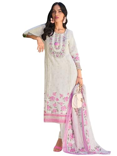 Image of INDO ERA Women's Straight Linen Floral Embroidered Kurta Pant with Dupatta Set (IEOUT9902)