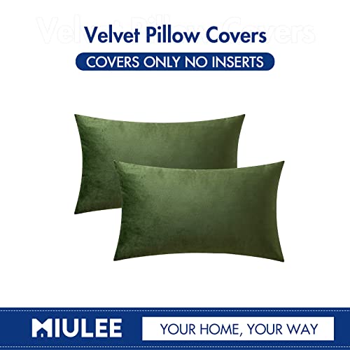 Image of MIULEE Velvet Throw Pillow Covers 12x20 Inch, Pack of 2 - Moss Green, Soft Solid Lumbar Decorative Pillow Covers for Spring Couch Sofa Bedroom Livingroom