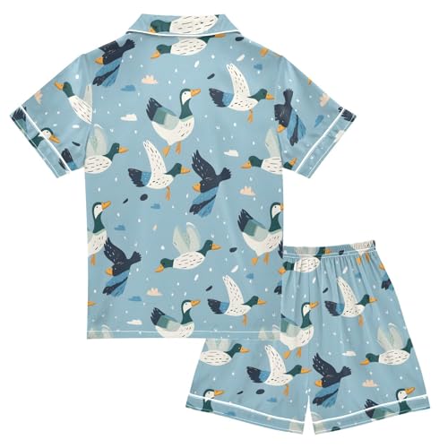 ALAZA Blue Duck Flying Satin Pajamas Set Short Sleeve Button Down Sleepwear Summer Pjs 2 Piece2
