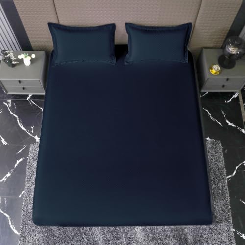 Image of Story@Home Luxe King Size Fitted Bedsheet with 2 Pillow Covers | 500 TC Egyptian Cotton Compact Yarn | 182 x 198 cm | Fits Up to 12 Inch Mattress | Checkered Jacquard | Med Blue | Gift Packaging