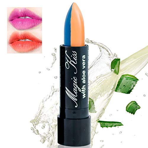 Magic Kiss Aloe Vera Lipstick, Temperature Color Change Lipstick Moisturizing PH Lipstick Long Lasting Nutritious Matte Lip Makeup MADE IN USA (Split - Blue & Orange)