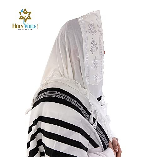 Image of HOLY VOICE 100% Wool Tallit Prayer Shawl Kosher Certified White with Stripes for Men, Made in Israel w / 100% Wool Tzitzit