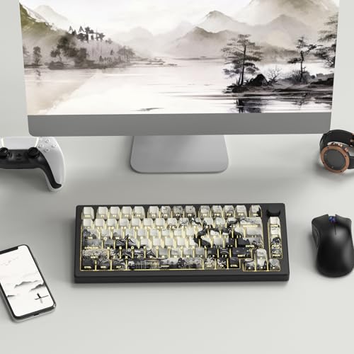 Womier PBT Keycaps Set 130 Keys, Custom White Japanese Keyboard Doubleshot Dye Sub Side Print Shine Through Keycaps 60 65 75 100 Percent, Cherry Profile (Ink Painting) - Thumbnail 6