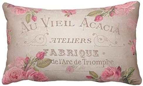 Vintage French Shabby Chic Roses Pink Floral Throw Pillow Case Square 12 x 16 Inches Soft Cotton Canvas, Pillow Cover Decorative for Sofa Couch Hidden Zipper