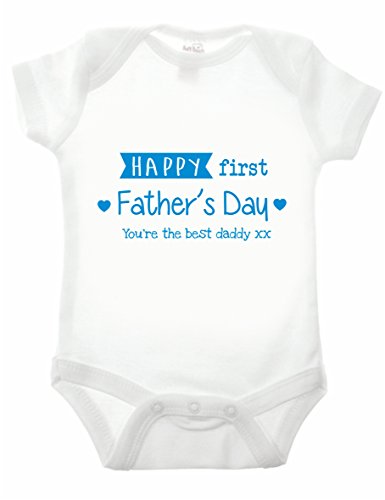 Bullshirt Happy First Fathers Day Babygrow - Camiseta de manga corta para bebé Blanco Blanco / Azul 6-12 Meses