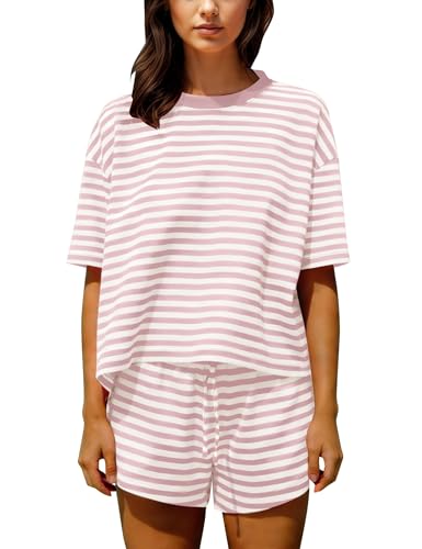 Image of Ythomm Striped Pajamas Shorts Sets Women 2 Piece Lounge Outfits Short Sleeve Tees Drawstring Shorts Summer Matching Pj Sets