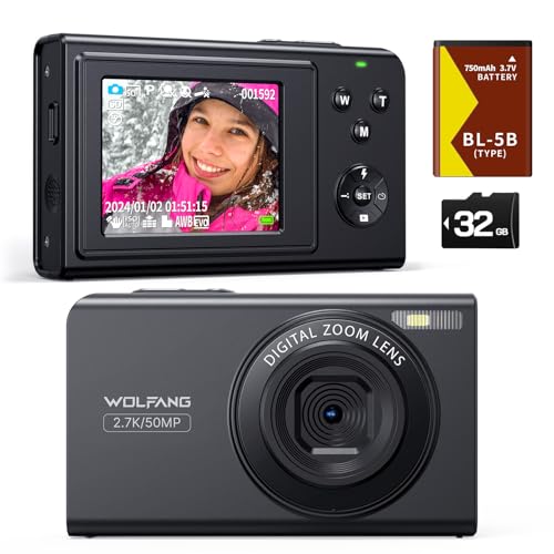 WOLFANG Aparat cyfrowy, 2,7 K Kids Camera do fotografii, 50 MP, kompaktowa kamera vloggowa, 16 x cyfrowy zoom, automatyczny punkt skupienia i strzelanie, prezent dla studentów, nastolatków