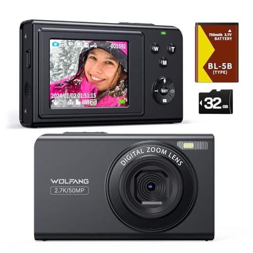 WOLFANG Fotocamera digitale, fotocamera per bambini da 2,7K, fotocamera compatta da 50MP, videocamera con zoom digitale 16x, zoom e scatto automatico, regalo per ragazzi