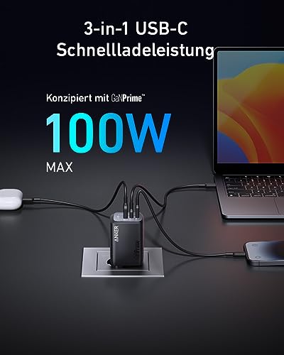 100W-USB-C-oplader, Anker Prime GaN Wall Charger, compacte, inklapbare snellader met 3 poorten voor MacBook Pro/Air, iPad Pro, iPhone 15/15 Pro, Galaxy S23/S22, Note20, Pixel, Apple Watch en meer - Afbeelding 3