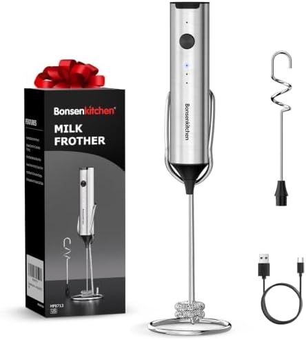 Bonsenkitchen Rechargeable Milk Frother with Stand, 3-Speed Handh...