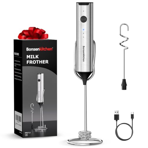 Bonsenkitchen Rechargeable Milk Frother with Stand, 3-Speed Handheld Coffee Frother, Dual Spring Whisk Electric Hand Frother Wand Drink Mixer for Lattes Cappuccino Protein, Kitchen Gifts