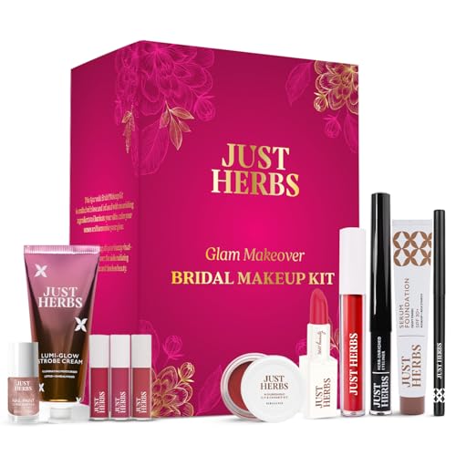 Just Herbs Wedding Kit Glam Essentials With Matte Lipstick|Lip & Cheek Tint|Strobe Cream|Kajal|Sindoor|Eyeshadow Palette|Nail Paint|Serum Foundation|Blush Drops Makeup Kit For Women (Pack Of 9)