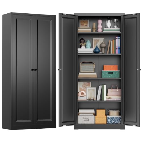 Image of Greenvelly Metal Storage Cabinet, 63 inch H Black Metal Storage Cabinet with Doors and 4 Shelves, Lockable Steel Cabinets for Living Room, Office, School (Black - Modern)