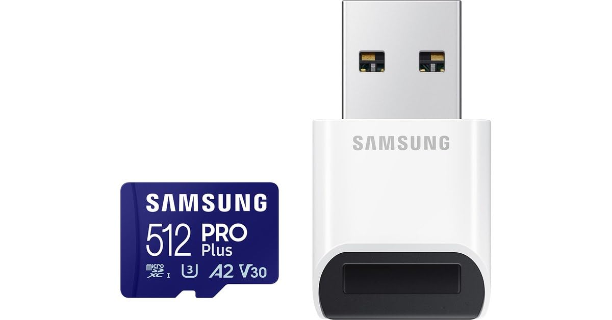 Samsung PRO Plus microSD Card + USB Card Reader, 512 GB, for Mobile Gaming on Smartphones, Tablet and Handheld Consoles, UHS-I U3, Full HD & 4K UHD, 180 MB/s Read, 130 MB/s Write, MB-MD512SB/WW