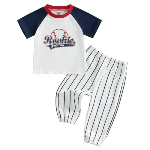 Canis Baby Boys First Birthday Outfit Rookie of the Year Baseball Shirt and Striped Pants Set 1st Birthday Clothes (White Short Sleeve 12-18 Months)
