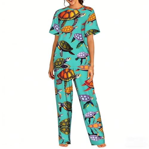 Pyjama doux pour femme imprimé tortues motif marin unique
